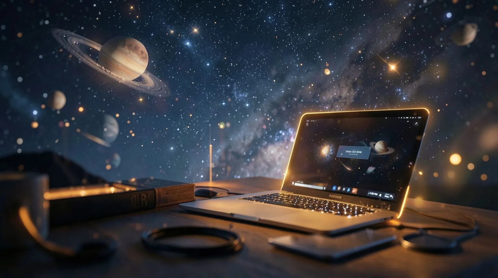Celestial night sky with stars and planets