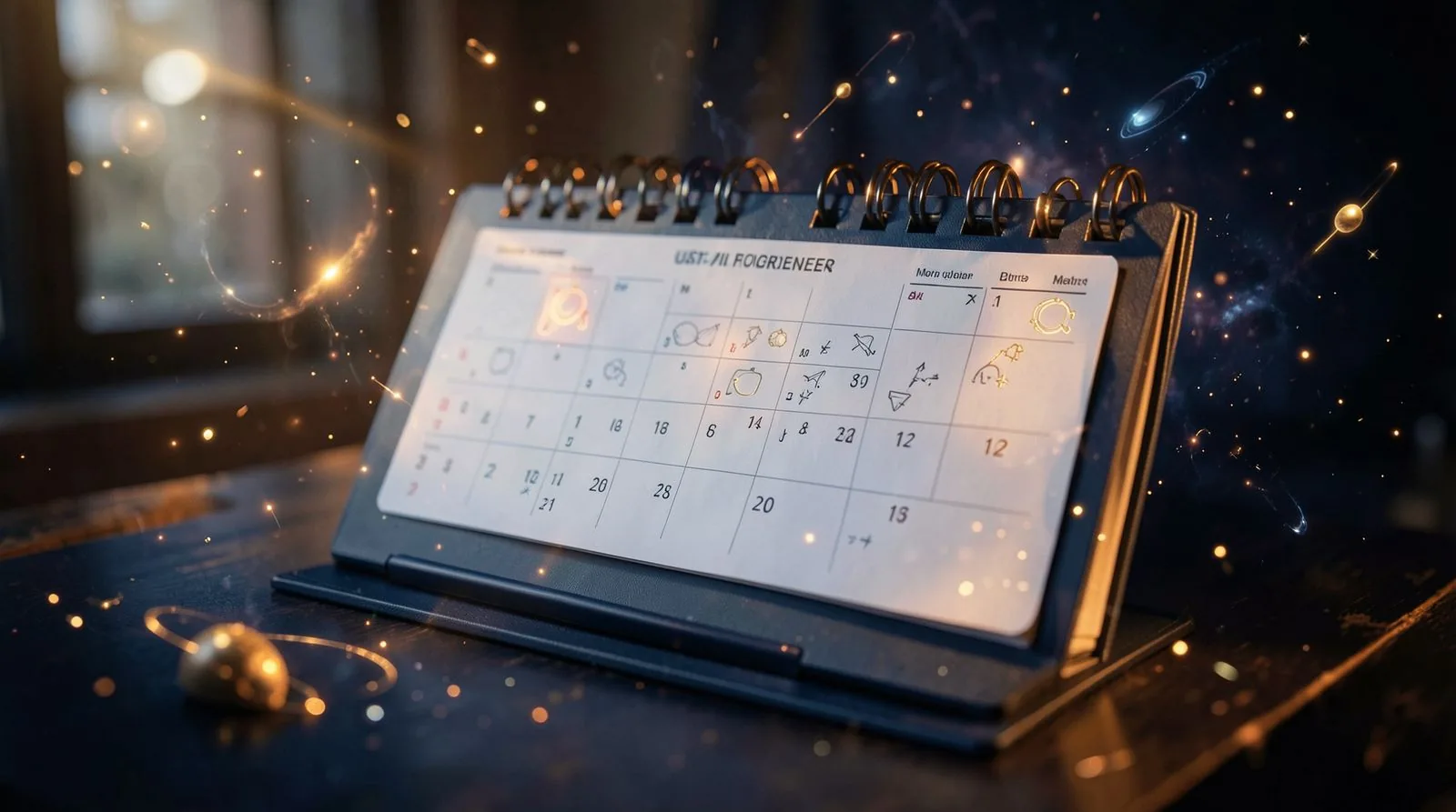Calendar with cosmic symbols for monthly forecasts